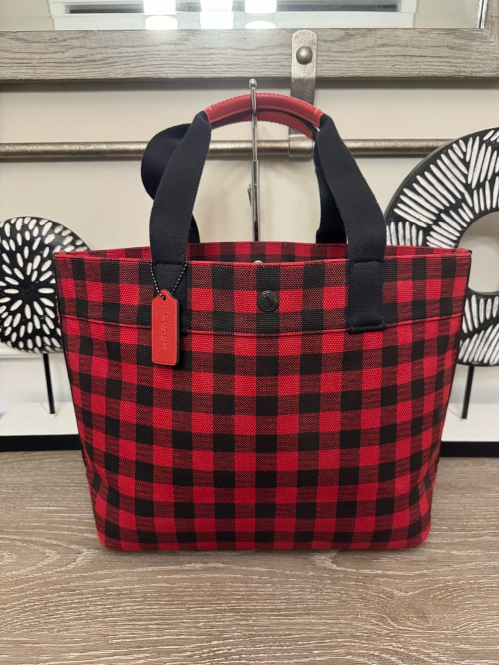 Coach Red and Black Buffalo Plaid Canvas Tote - Picture 2 of 14